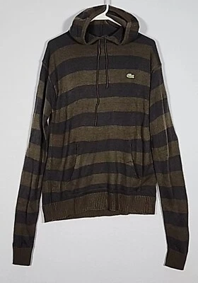 Lacoste Hoodie Men's Medium Brown Shirt Drawstring Lightweight Striped Logo - Image 1 of 4