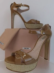 MIU MIU PRADA CAMEL PATENT LEATHER JUTE PLATFORM MARY JANE ZIP PUMPS 41.5 ITALY - Picture 1 of 12