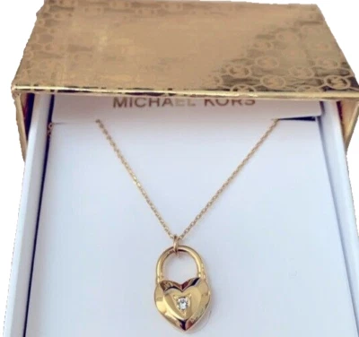 MICHAEL KORS Yellow Gold Necklace Crystal Chip Heart Padlock MKJ7443710 + MK BOX - Image 1 of 4