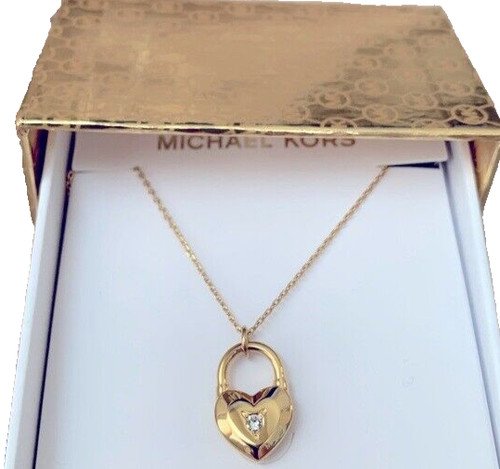 MICHAEL KORS Collana Oro Giallo Cristallo Chip Cuore Lucchetto MKJ7443710 + SCATOLA MK