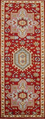 Geometric Kazak Indian Red Narrow Runner Wool Hand-made Hallway Rug 3x8 Carpet - Image 1 of 4