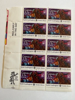 1975 Sybil Ludington Plate Block Of 10 8c Postage Stamps, Sc# 1559, MNH, OG - Image 1 of 2