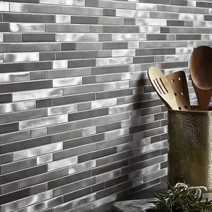 NEW SILVER GREY TURNED BRUSHED STEEL METAL LONG RECTANGLE MOSAIC WALL TILES 8MM - Picture 1 of 5