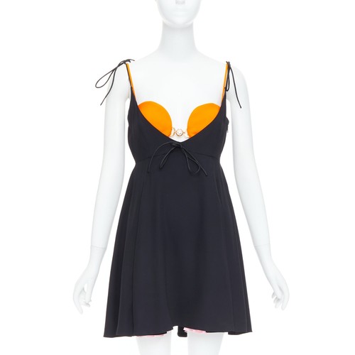 Abito reggiseno a strati VERSACE 2021 Tresor de la Mer Runway nero arancione IT38 XS
