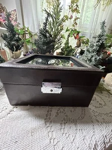 Faux Leather Watch Box Black With Clear Glass 6 Watches In Top Has Tray - Picture 1 of 15