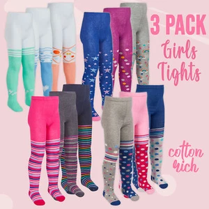 3 Pairs Girls Tights Novelty Spotty Multi Colours Patterned Cotton Rich Knitted - Picture 1 of 12