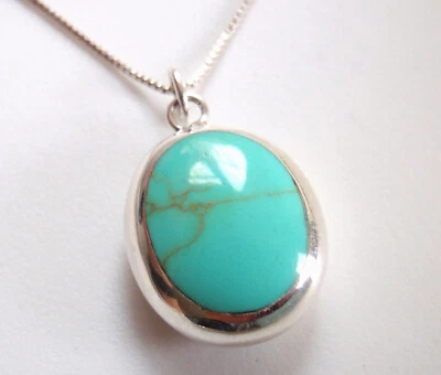 Reversible Mother of Pearl Simulated Turquoise 925 Sterling Silver Oval Necklace - Image 1 of 4