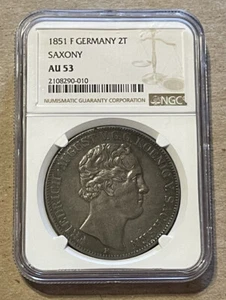 Saxony (Germany) - 1851 Silver 2 Thaler (NGC AU 53) - Nice! - Picture 1 of 4