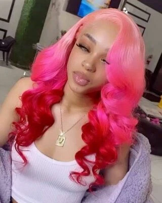Pink to Red Ombre Red Lace Front Wigs for Women Body Wave Synthetic Wig Glueless - Image 1 of 4
