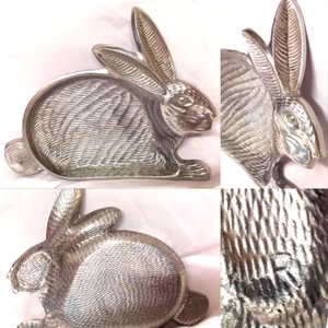 VINTAGE SILVER PEWTER METAL EASTER BUNNY RABBIT CANDY DISH DECORATIVE PLATE TRAY - Picture 1 of 8