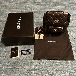 CHANEL Quilted Chain Backpack Black Lambskin Leather Gold Hardware Vtg Bag NWT