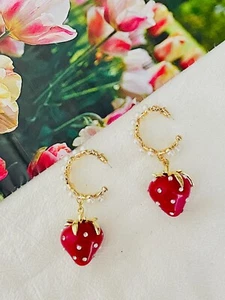 Large Red Strawberry Pearl Crystal Hoop Half Dome Drop Chunky Pierced Earrings - Picture 1 of 9