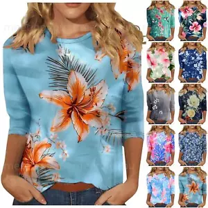 Women's Fashion Casual Three-quarter Sleeve Floral Print Neck Top - Picture 1 of 42