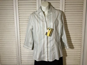 Camisa Lee Riders Instantly Slims You Azul, Verde, Beige Rayas Manga 3/4 Mediana Nueva con Etiquetas - Imagen 1 de 10