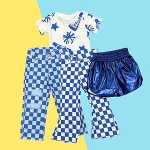 Toddler Girls Sport Team Cheer Top With Checked Denim Pants Boutique Outfit - Picture 1 of 8