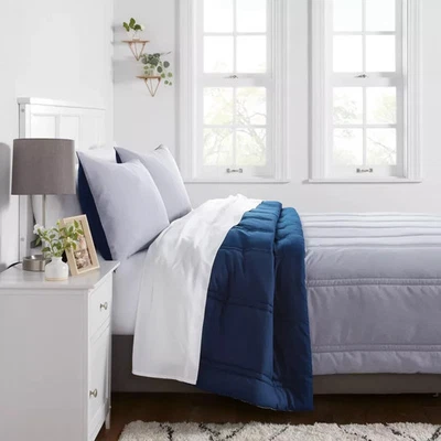 Full/Queen Dark Blue Denim Heather Lofty Microfiber Comforter - Room Essentials - Image 1 of 3