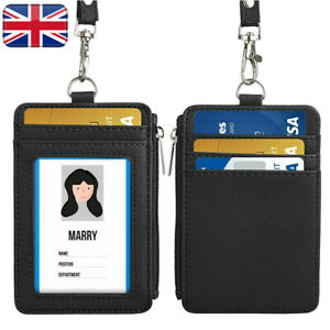 Leather Wallet Work Office ID Credit Card Badge Holder w/ Neck Strap Lanyard UK