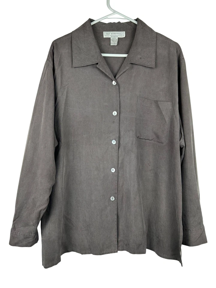Camisa con botones Silk Essentials para mujer 2X gris 100 % seda con bolsillo y manga larga Foto 1 de 4