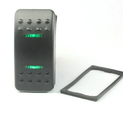 MOMENTARY Rocker Switch DPDT, 20A 12VDC, Illuminated GREEN 7pins Waterproof - Image 1 of 4