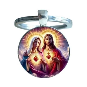 Porte-clés, bijou de sac cabochon Jésus christ et vierge Marie sacré coeur. - Picture 1 of 5