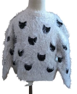Fuzzy Kids Sweater Black Cat Faces By S. Oliver Size 5/6 Polyester White & Black - Picture 1 of 7