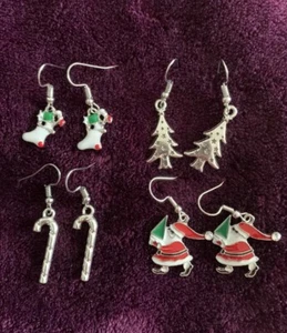 4 Pairs of Christmas Novelty Earrings Fancy Candy Cane Tree Santa Stocking - Picture 1 of 4