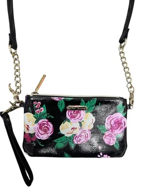 Bolso Bandolera Muñequera Betsey Johnson Floral Patente Negro Rosa 8.5x5 Foto 1 de 4