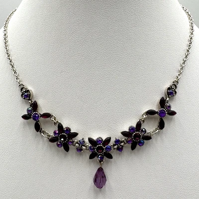 Purple Floral Faceted Rhinestones Necklace Heart Accents Flowers NR Signed - Image 1 of 4