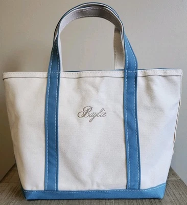 LL Bean Boat and Tote Med Azul y Natural Cremallera Superior Mango Corto 12"Lx11"Hx6"D Foto 1 de 4