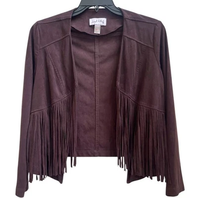 Joseph Ribkoff Fringe Jacket Short Top Faux Suede Brown 10 Cowgirl Western Boho - Image 1 of 4