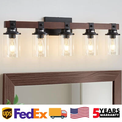 5 Lights 35'' Vanity Light Farmhouse Wood Black for Bathroom Mirror Wall Fixture - Image 1 of 4