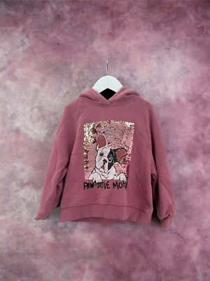 ZARA Girls Mauve Pink Sequins French Bulldog Hoodie Sweater Size 6 Kids Fashion - Image 1 of 3