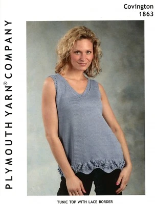 Plymouth Knitting Pattern #1863 Covington Tunic Top with Lace Border Women 36-52 - Image 1 of 2