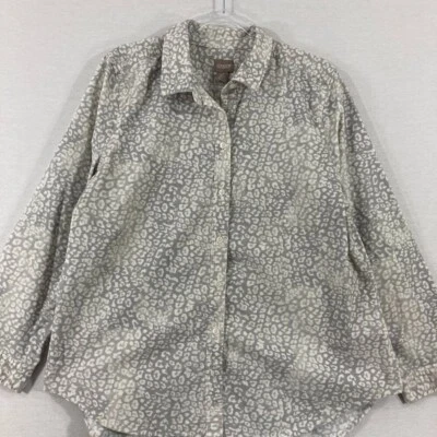 Chico's XL Gris Blanco Estampado Leopardo Pana Manga Larga Abotonada Oficina Foto 1 de 4