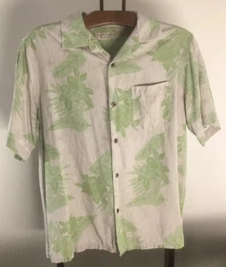 Island Republic Hawaiian Shirt M Aloha Silk Wood Grain Green Hibiscus Palms - Picture 1 of 7