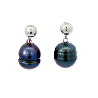 HONORA Sterling 11-12mm Genuine Peacock Purple Round Pearl Dangle Earrings - Image 1 of 4
