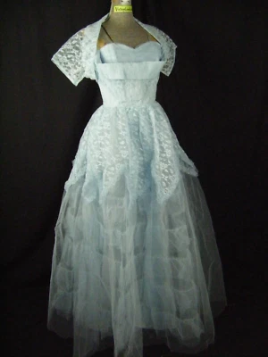 Vintage 50-60s Bébé Bleu Ruche Niveaux Dentelle sans Bretelle Fête Robe & - Photo 1/4