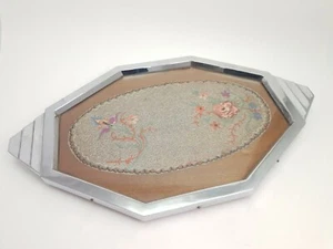 Antique Art Deco Silver Plated Serving Tray Embroidery Lace Flowers - Picture 1 of 8