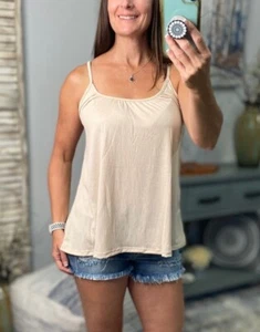 Scoop Neck Spaghetti Strap Floaty Textured Sleeveless Summer Tank Shirt Top Tan - Picture 1 of 9