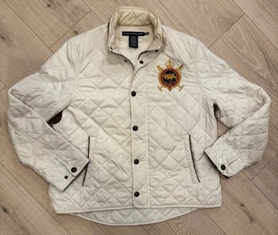 Ralph Lauren Sport Quilted Jacket XL Cream Crest Logo Corduroy Trim Equestrian - Image 1 of 4