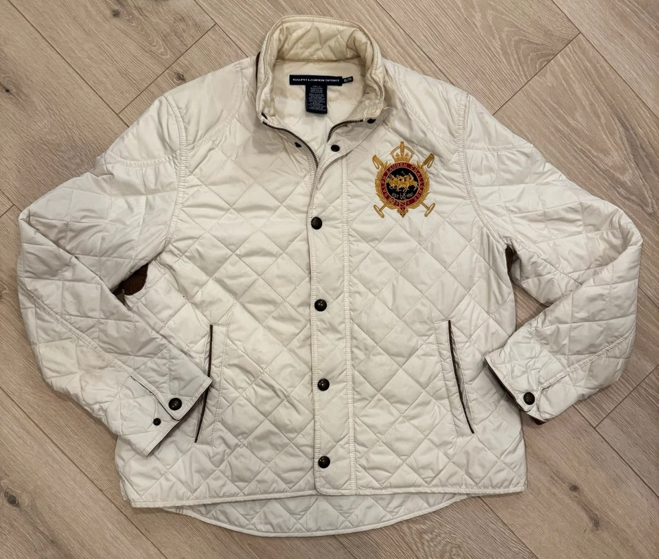 Chaqueta acolchada deportiva Ralph Lauren XL crema escudo logotipo pana ribete ecuestre Foto 1 de 4