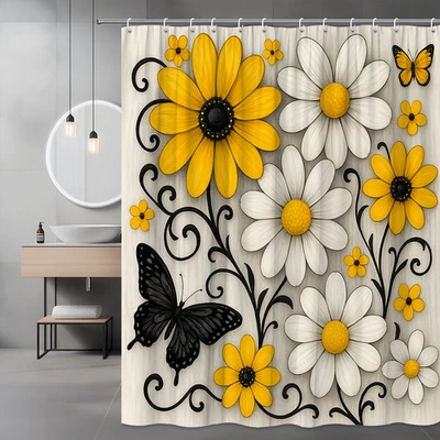 Cortina de ducha floral amarilla y blanca con mariposas y detalles negros Foto 1 de 4