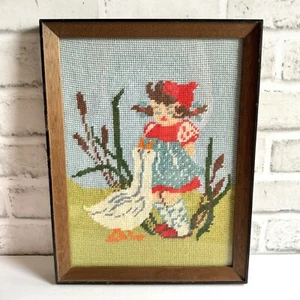 Niña y dos gansos enmarcados de colección 10" x 13" colorido rojo azul verde - Imagen 1 de 11