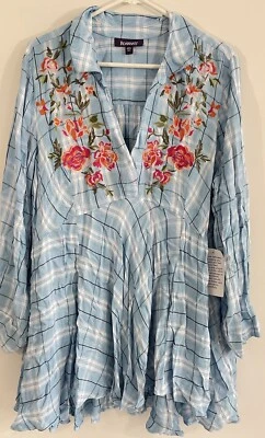 NEW Roamans blouse tunic top womens sz 24W Embroidered Floral Long Sleeve plaid - Image 1 of 4