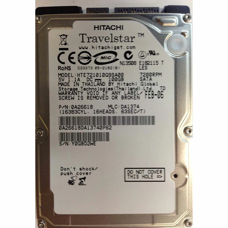 0A26618 - Hitachi 100GB 7200 RPM SATA 2.5" HDD - Image 1 of 1
