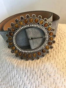Renza Suede Leather Wide Belt Chunky Metal Beaded Buckle Size S Italy Boho Chic - Picture 1 of 13