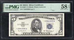 FR. 1556* 1953-A $5 *STAR* SILVER CERTIFICATE PMG ABOUT UNCIRCULATED-58EPQ - Picture 1 of 2