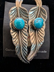 Vintage Navajo Sterling Silver Leaf Turquoise Stone Post Earrings - Picture 1 of 4