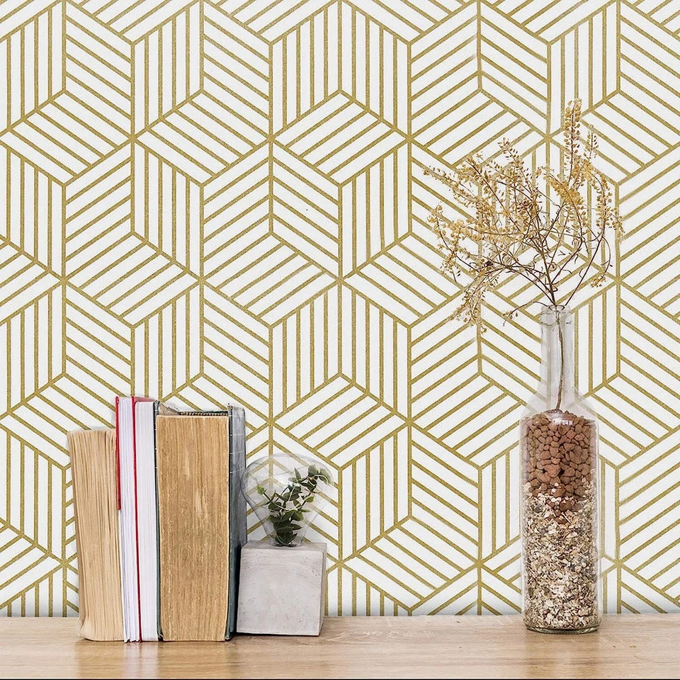 Gold and White Geometric Wallpaper Peel and Stick Wallpaper Hexagon 393"×17.7"