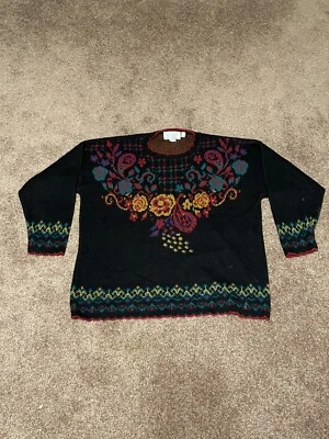 Suéter Pullover Mujer Grande Tejido Estados Unidos Floral Negro Rojo Verde Abuela Foto 1 de 4